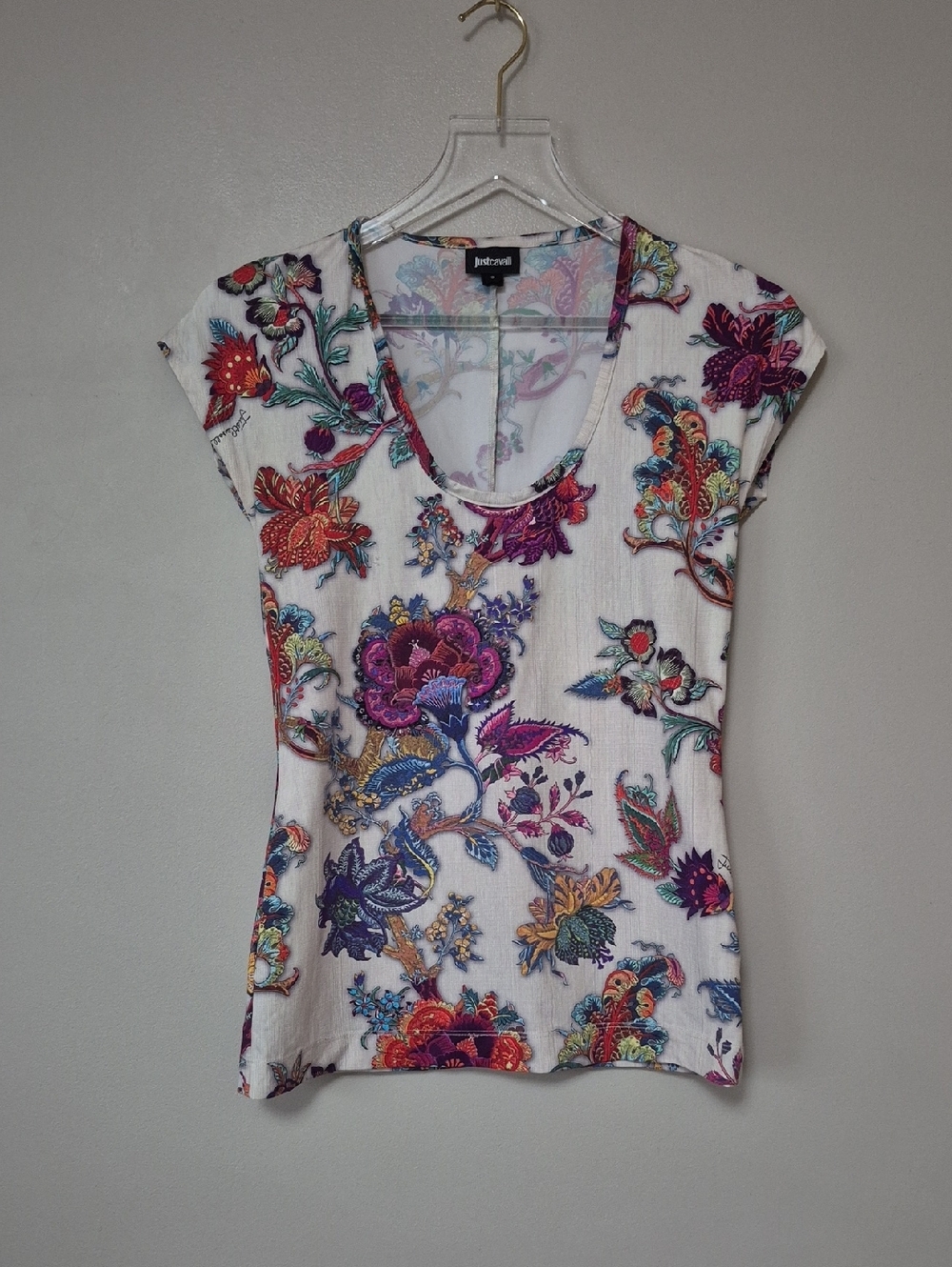 Just Cavalli Vintage Y2k Boho Paisley Floral Stretch Jersey T-shirt Top Size S